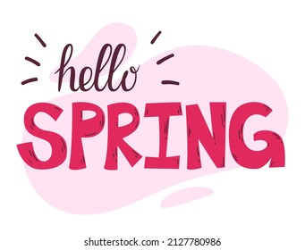 Hello spring lettering. Vector handwritten typography. Colored curves doodle letters. Doodle calligraphy illustration.