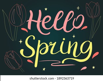 Hola primavera.  Ilustración vectorial por letras. Colores brillantes en el fondo oscuro