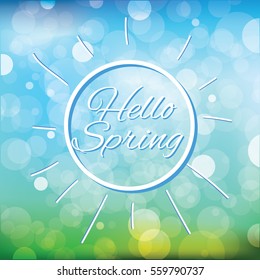 Hello Spring lettering with white frame and flowers on realistic green background. Vector illustration.