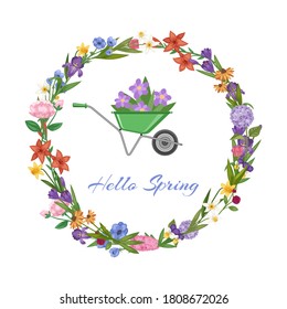 Hello spring lettering and wreath banner, bright floral design, colorful ornament, cartoon vector illustration, isolated on white. Holiday invitation, greeting card, layout for printing in typography.