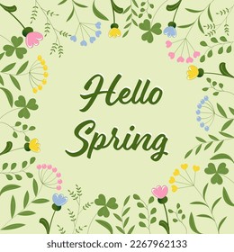 Hello Spring. Light green background with flowers and herbs.