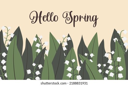 Hola primavera. Lily del valle. convallaria majalis. Flores de primavera y follaje exuberante sobre un fondo horizontal. Vector.