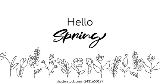 Hello spring line art banner with elegant flowers. Vector illustration.