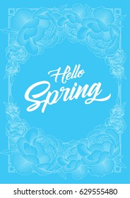 Hello Spring with line drawing Peony. Vector Illustration