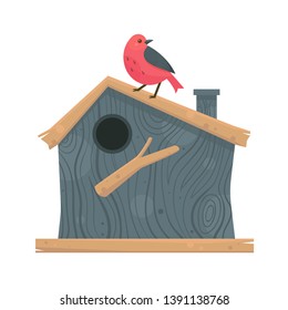 Hello spring  with little birds in wooden birdhouses. Nesting box. Rustic style. 