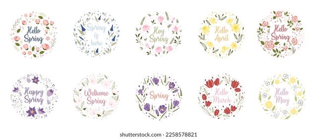 Hello Spring logo, round banner with spring plants, leaves and flowers decoration. Vector illustration