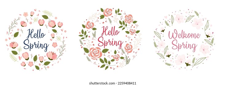 Logo de Hello Spring, banner redondo con plantas de primavera, hojas y decoración de flores. Ilustración del vector