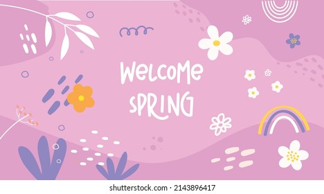 Hello spring logo sketch, typography badge icon. Spring season lettering with leaves for greeting card, invitation template. Retro, vintage with banner inscription background template. Sale, offer. 