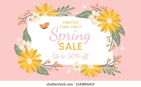 Hello spring logo sketch, typography badge icon. Spring season lettering with leaves for greeting card, invitation template. Retro, vintage with banner inscription background template. Sale, offer. 