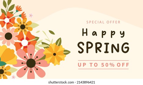 Hello spring logo sketch, typography badge icon. Spring season lettering with leaves for greeting card, invitation template. Retro, vintage with banner inscription background template. Sale, offer. 