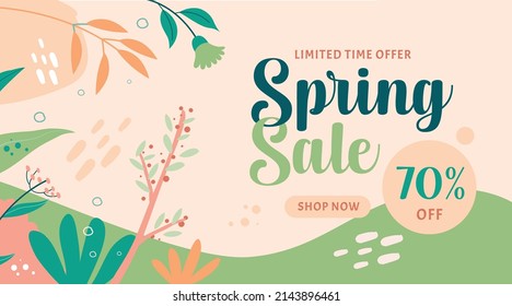 Hello spring logo sketch, typography badge icon. Spring season lettering with leaves for greeting card, invitation template. Retro, vintage with banner inscription background template. Sale, offer. 