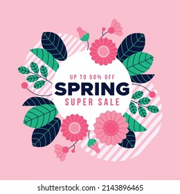 Hello spring logo sketch, typography badge icon. Spring season lettering with leaves for greeting card, invitation template. Retro, vintage with banner inscription background template. Sale, offer. 