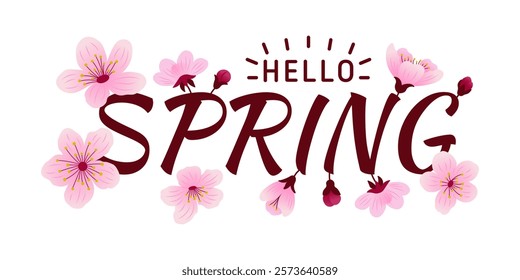 Hello Spring logotype, badge typography icon. Lettering spring season with sakura flowers for greeting card, invitation, banner, poster, template background