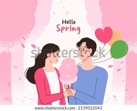 Hello spring! A male and female couple enjoying the cherry blossom festival. A vector illustration of a couple eating cotton candy and passing through cherry blossom trees.