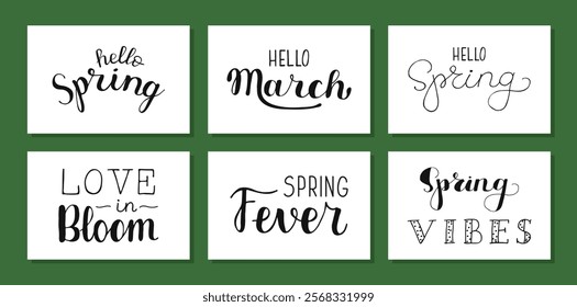 Hello Spring, March, vibes, Love in bloom, Fever set calligraphy lettering. Vector hand drawn typography for springtime poster, banners