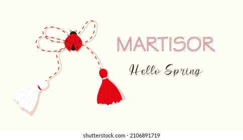 Hello spring,  martisor red and white spring symbol vector illustration