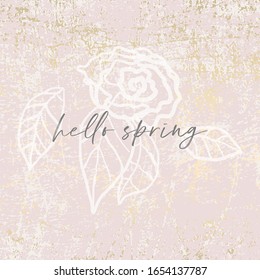 Hello Spring modern chic feminine stylish banner template with  delicate florals, botanicals on blush pink and gold foil texture background