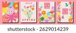 Hello Spring modern lettering design Set of greeting cards, posters, holiday covers on colorful flowers and beautiful butterflies.
