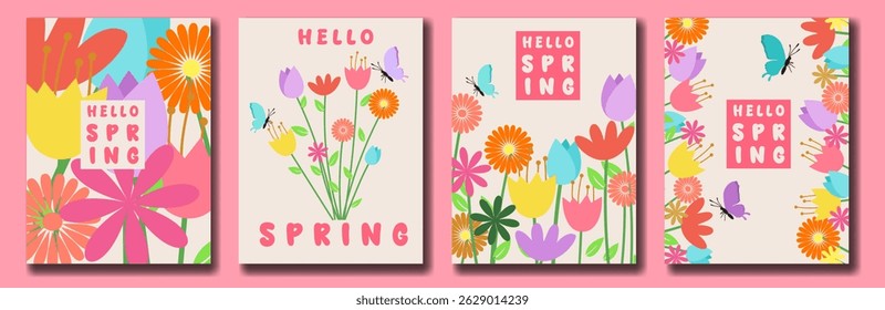 Hello Spring modern lettering design Set of greeting cards, posters, holiday covers on colorful flowers and beautiful butterflies.