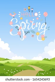 Hello Spring. Modern summer card on a background of natural landscape. Beautiful lettering letters on a sunny sky background. Simple vector illustration