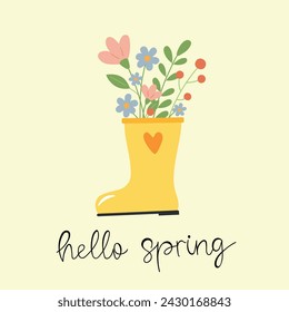Hello spring. Mood card  with flowers in rain boot and handwritten lettering hello spring. Springtime concept. 