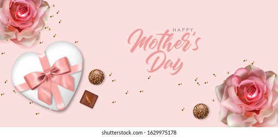 Hello spring, mother day, 8 march, realistic rose flowers, gift, chocolate, weeding card, spring invitation, sale shop banner, elegant background, vector illustration