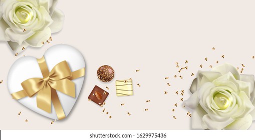 Hello spring, mother day, 8 march, realistic rose flowers, gift, chocolate, weeding card, spring invitation, sale shop banner, elegant background, vector illustration