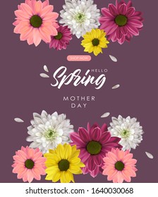 Hello spring, mother day, 8 march, realistic colored flowers, weeding card, spring invitation, sale shop banner, elegant background, vector illustration