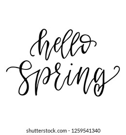 Hello spring motivational and inspirational season quote text. Calligraphy, lettering design. Typography for greeting card, poster, banners. Isolated Vector illustration