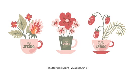 Hello spring mugs set. Cute collection of floral bouquets in coffee cups. Seasonal isolated vector illustration for springtime