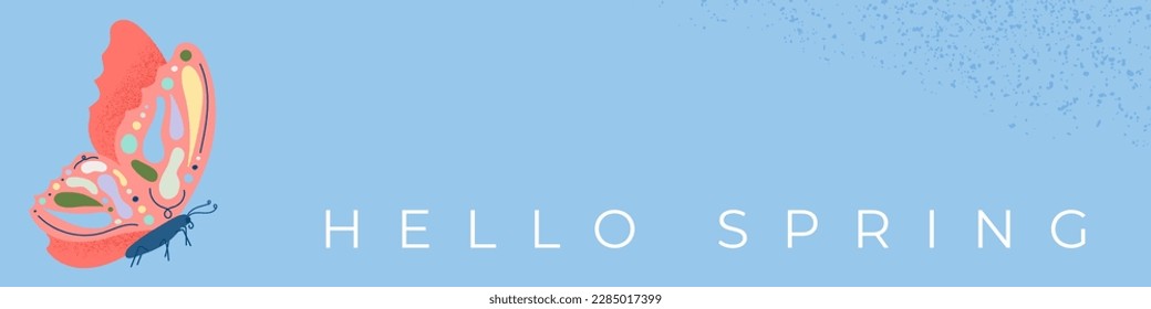 Hello Spring. Multicolor butterfly background. Horizontal banner. Vector illustration, flat design