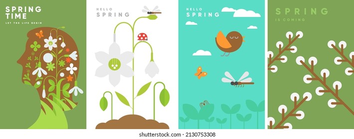 Hello Spring. Nature. Garden. Set of simple vector illustrations. Symbolic posters on the theme of peace, harmony. No war. Backgrounds for banners, labels, covers.