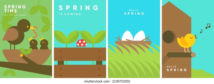 Hola primavera. Naturaleza. Jardín. Conjunto de ilustraciones vectoriales simples. Afiches simbólicos sobre el tema de la paz, la armonía. Fondos para banners, etiquetas, portadas.