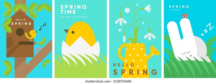 Hello Spring. Nature. Garden. Set of simple vector illustrations. Symbolic posters on the theme of peace, harmony. No war. Backgrounds for banners, labels, covers.