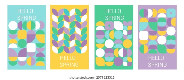Hello Spring. Nature. Set of spring modern backgrounds with minimalist geometric flowers. Flat trendy design. Abstract template for poster, branding, ads, card, prints, banner.