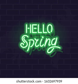 Hello spring neon typography. Fluorescent isolated vector handwritten letters for any dark background.