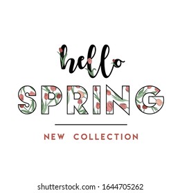 Hallo Frühling Neue Kollektion Blumenbriefe. Vektorillustration-Banner-Vorlage. Tulpen Muster Hintergrund der Schrift. 