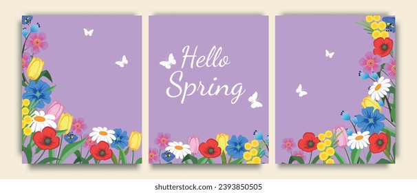 Hello spring, an original banner consisting of three parts with flowers and butterflies, suitable for greeting cards. Vector illustration.