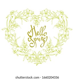 Hello Spring ornamental floral frame in form of heart with hand drawn flowers Narcissus, Daffodil isolated on white background and handwriting calligraphy phrase. Vector floristic manual illustration