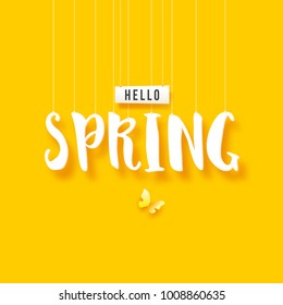 Hello Spring paper art cut out text with butterfly and yellow background. Vector illustration