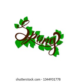 Hello Spring. Paper cut design Lettering spring with leaves for greeting card, invitation template, banner, poster, template background. Vector illustration