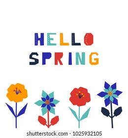 Hello Spring. Paper cut style lettering with flowers
