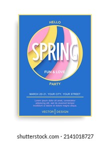 Hello Spring party. Bright funny papercut style background. Trendy Minimal style poster. Vector illustration