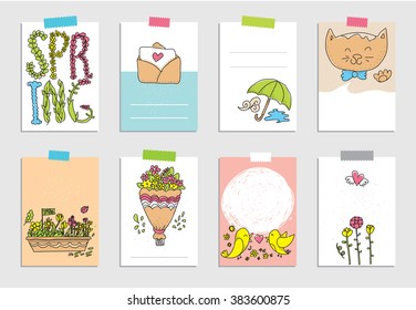 Hello spring party card. Hand drawn colorful vector illustration with flowers and leafs, heart, birds, umbrella. Isolated design elements. Usable for greeting card, web, print.