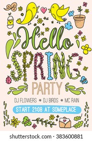 Hello spring party card. Hand drawn colorful vector illustration with flowers and leafs, heart, birds, umbrella. Isolated design elements. Usable for greeting card, web, print.