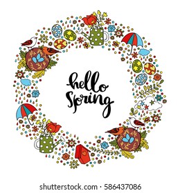 Hello Spring. Spring pattern. Frame - wreath. Isolated vector objects on white background.