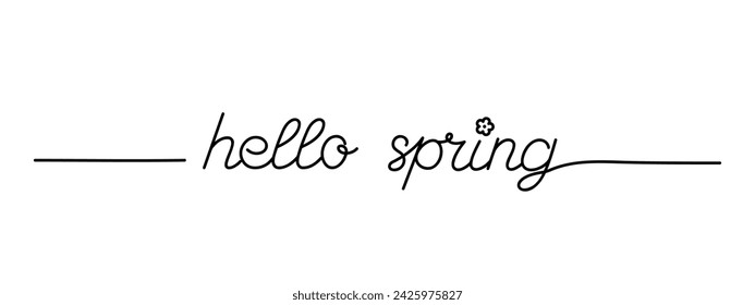 Hello Spring frase dibujo de línea continua, ilustración vectorial de línea negra, elemento de diseño horizontal