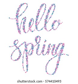 "Hello spring" phrase. Interlaced words made of petals. Brush pen calligraphy.