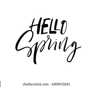 Hello spring phrase. Seasonal lettering. Ink illustration. Modern brush calligraphy. Isolated on white background.