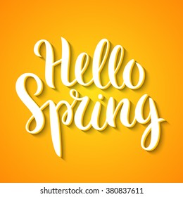 Hello Spring phrase vector lettering. Hand drawn calligraphy, yellow background.